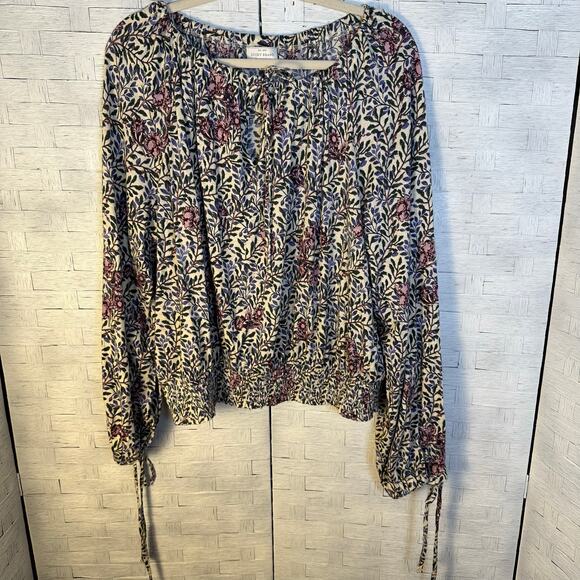Lucky brand peasant top balloon sleeve drawstring collar floral bohemian hippie - Picture 1 of 11